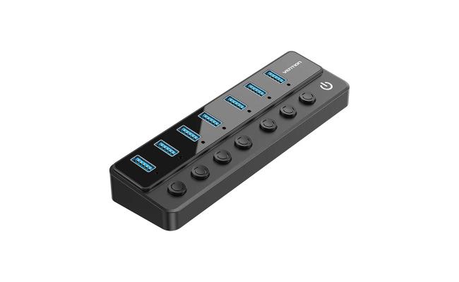 Vention USB B 3.0 to USB 3.0 x7 Hub with Individual Power Switches and DC 5.5mm Power Adapter CN/UK/US/EU-Plug Black