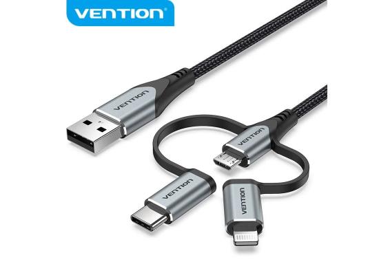 Vention USB 2.0 A Male to 3-in-1 Micro-B&USB-C&Lightning Male Cable 1.5M Gray Aluminum