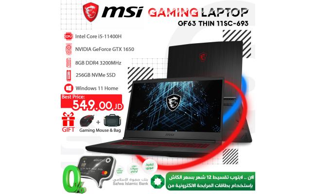 MSI GF63 Thin 11SC-693 15.6" Gaming Laptop, Intel Core i5-11400H, NVIDIA GeForce GTX 1650, 8GB Memory, 256GB NVMe SSD, Windows 11
