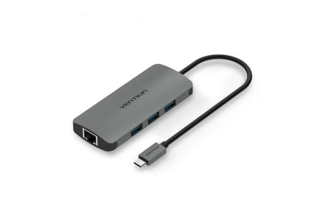 Type-C to 3 Ports USB3.0 HUB with Gigabit Ethernet Adapter 0.1M Gray Metal Type